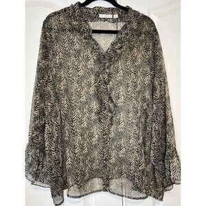SUSAN GRAVER Blouse Womens 2X plus Geometric Long Sleeve Sheer Tan Black Ruffle